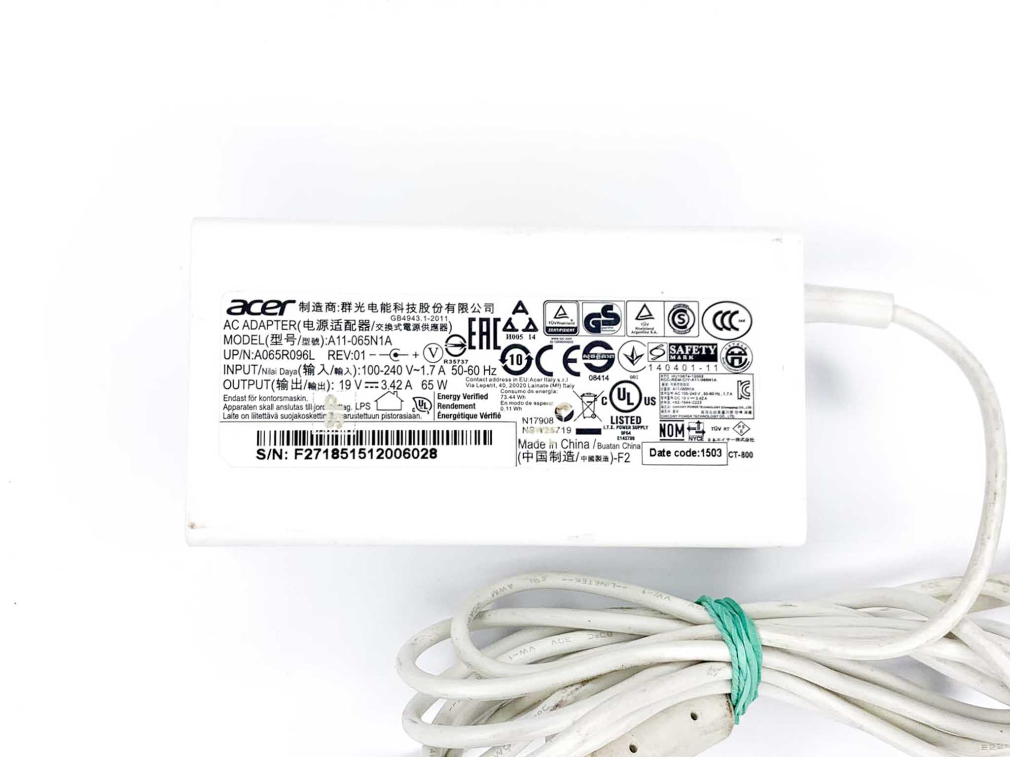 Блок живлення для ноутбука Acer 65W 19В 3.0 х 1.1 мм WHITE